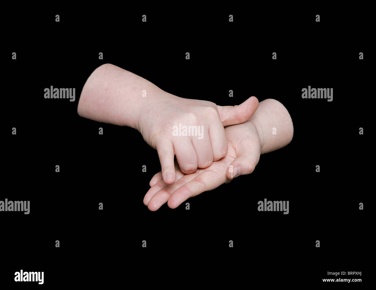 La parola che nel linguaggio dei segni su sfondo nero Foto Stock