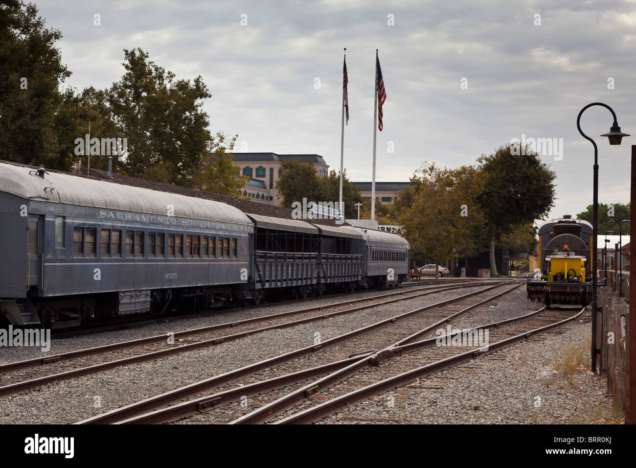 Autovetture per il treno a vapore a Old Town Sacramento in California Foto Stock