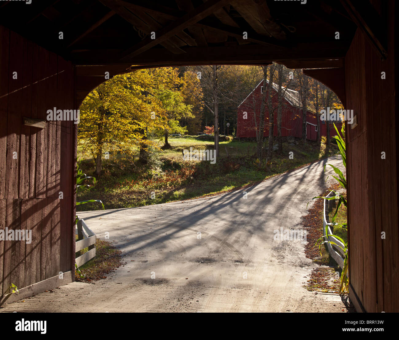 Vista dal fiume Verde ponte coperto, Vermont, New England, Stati Uniti d'America nell'autunno / autunno Foto Stock
