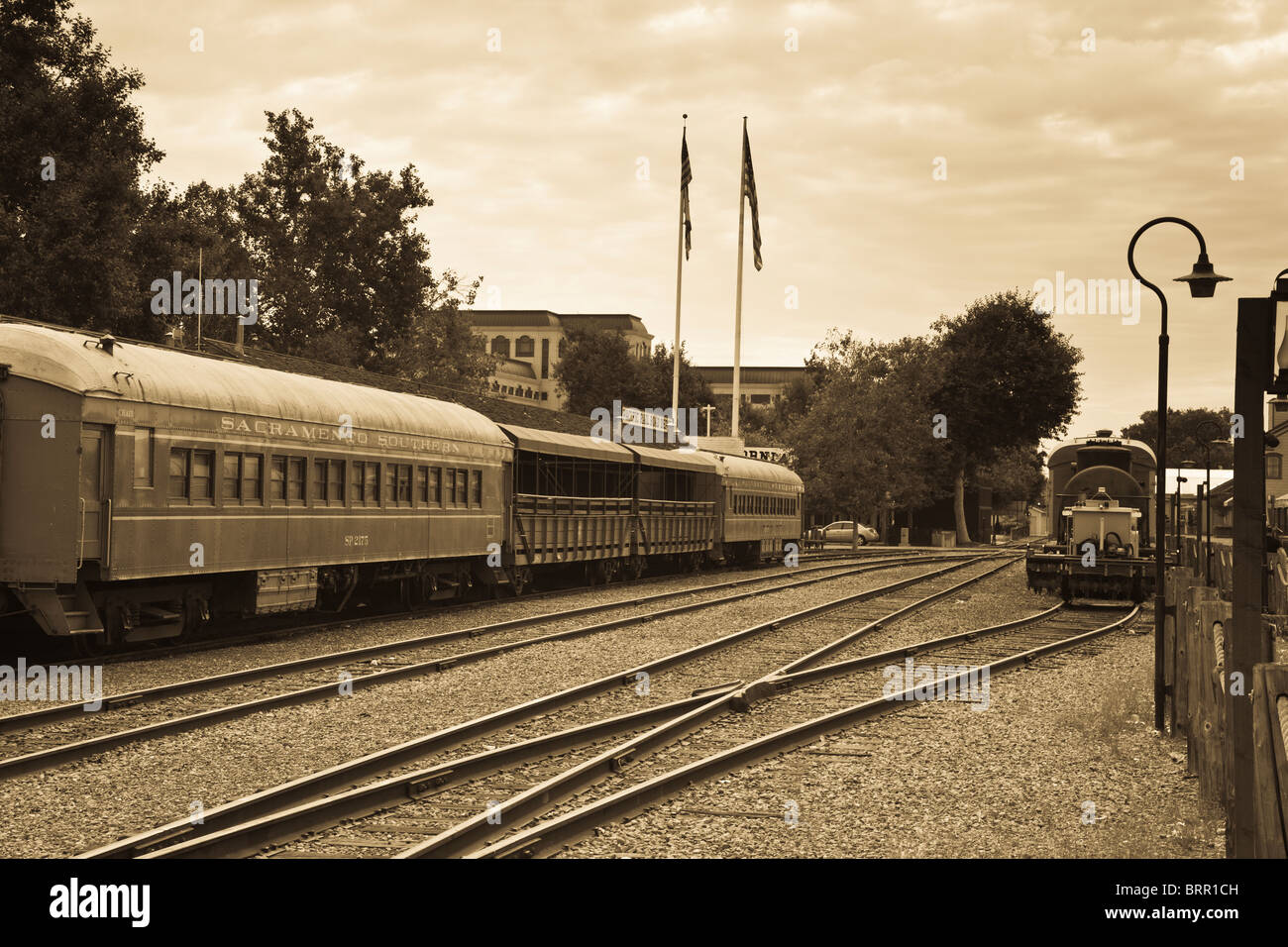 Autovetture per il treno a vapore a Old Town Sacramento in California Foto Stock