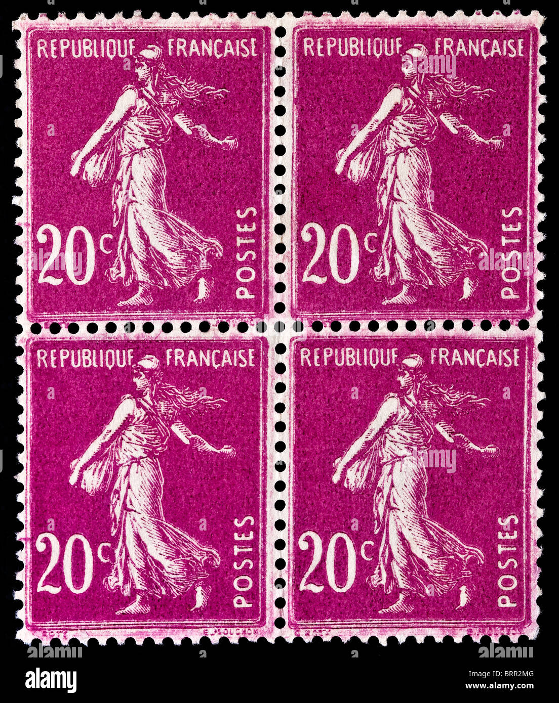 Blocco di 4 inutilizzati francese 1926-1941 20 cent Semeuse / Seminatore definitivo i francobolli di affrancatura postale. Foto Stock