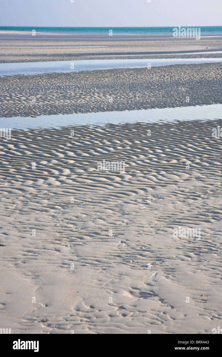 Immagine astratta di ondulazioni in sabbia a bassa marea con l'orizzonte in distanza Foto Stock