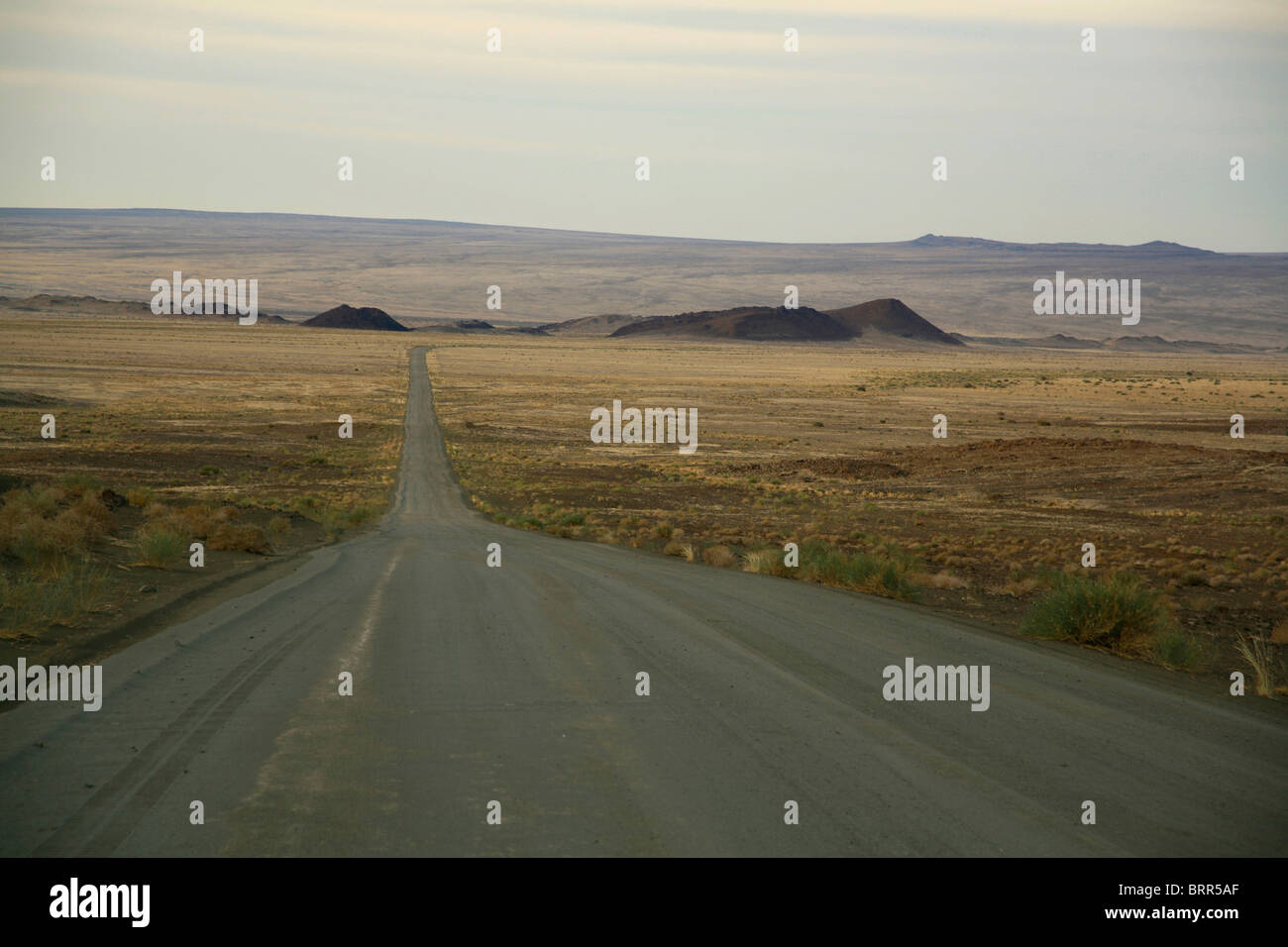 Una strada sterrata che passa attraverso una zona remota si allunga in lontananza Foto Stock