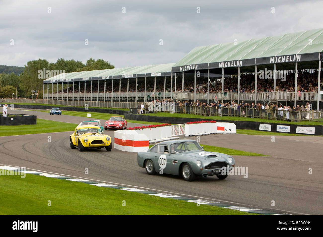 Aston Martin DB5 seguita da Bill ponti in un AC Cobra a Goodwood 2010 Foto Stock