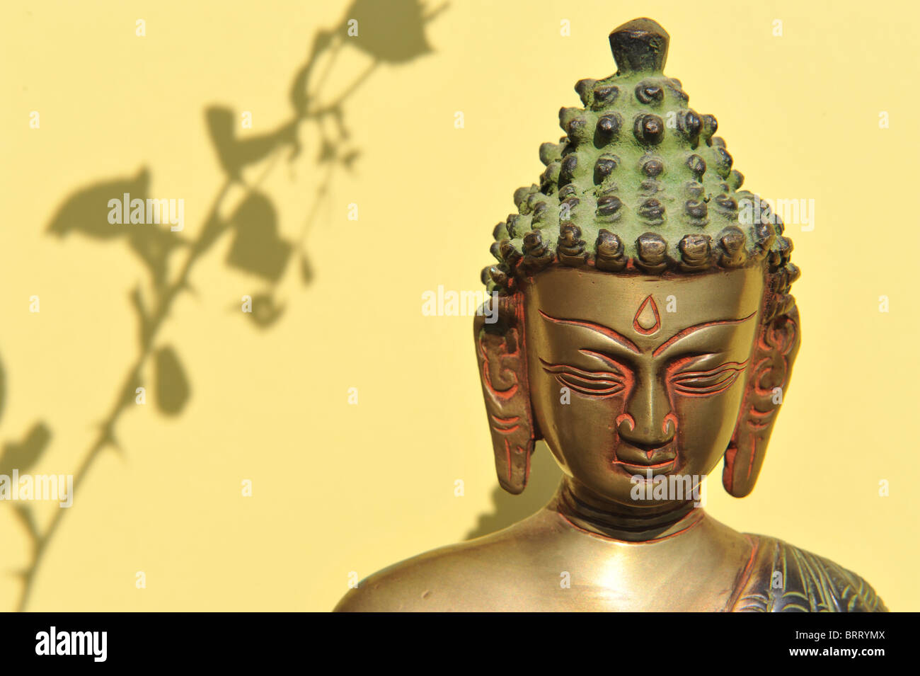 Testa di Buddha in meditazione posano con un chiaro sfondo giallo e ombra di riflessione. Foto Stock