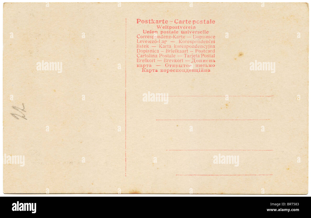 Lato posteriore di un antico post card isolato su bianco Foto Stock