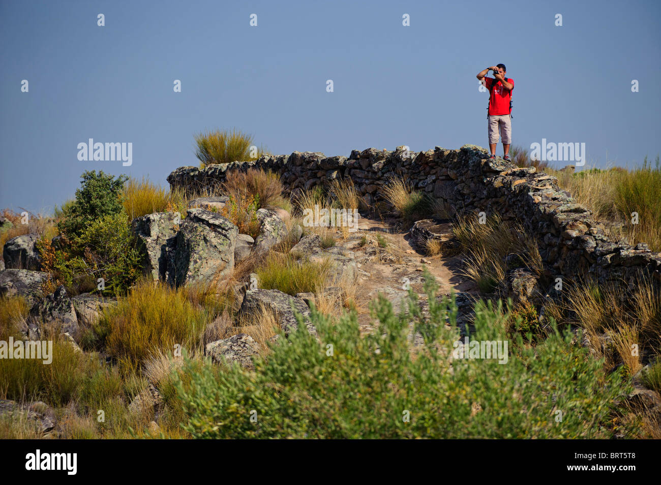 Uomo con t-shirt rossa sulla parte superiore di un uomo fatto muro di pietra contro un cielo blu in Saia Brava riserva naturale, Vale do Côa, Portogallo Foto Stock