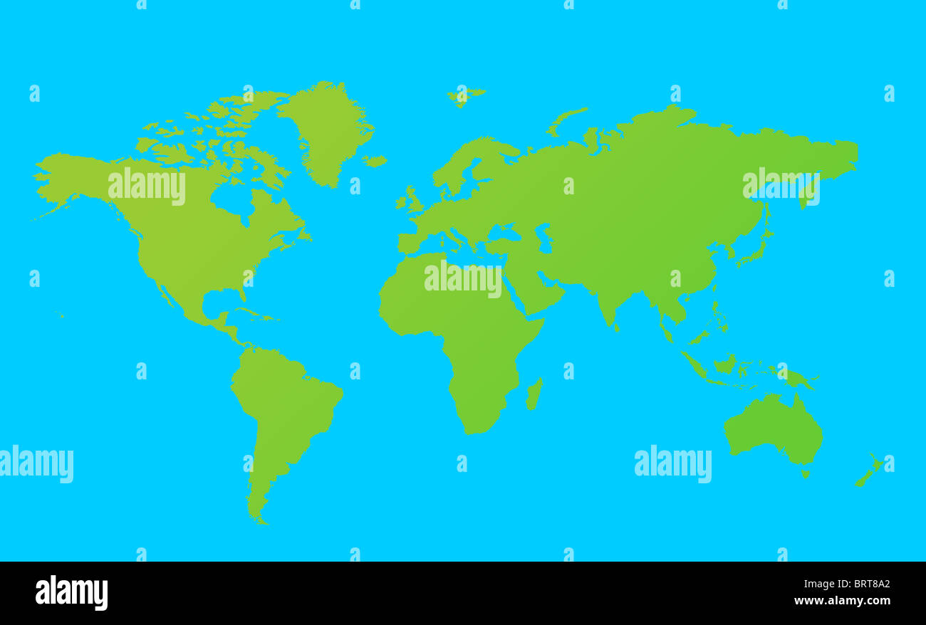 Mappa del mondo in verde, isolato su sfondo blu. Foto Stock