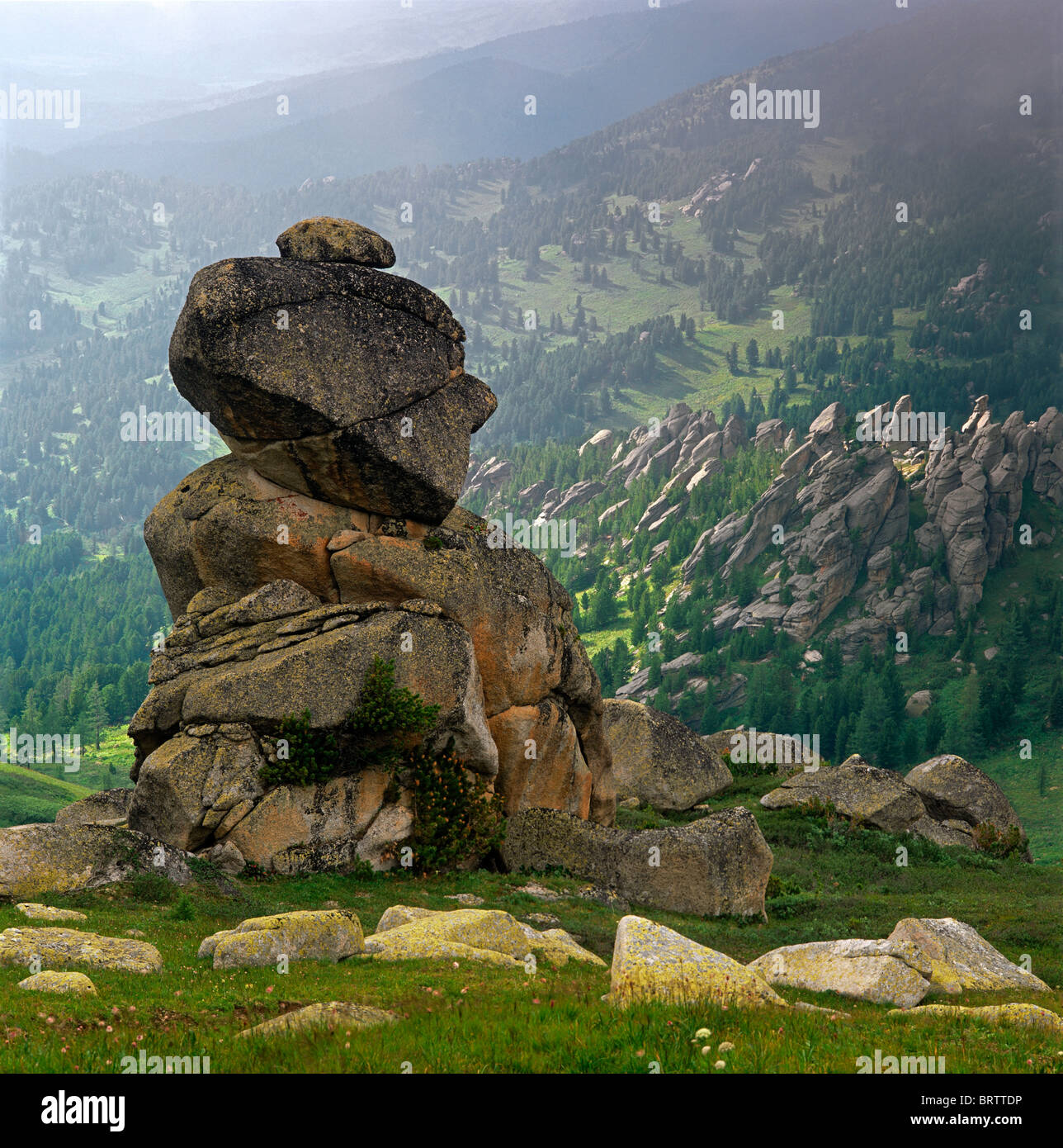 Colonne di granito della cresta Lineiskii. Montagne di Altai. Il Kazakistan Foto Stock