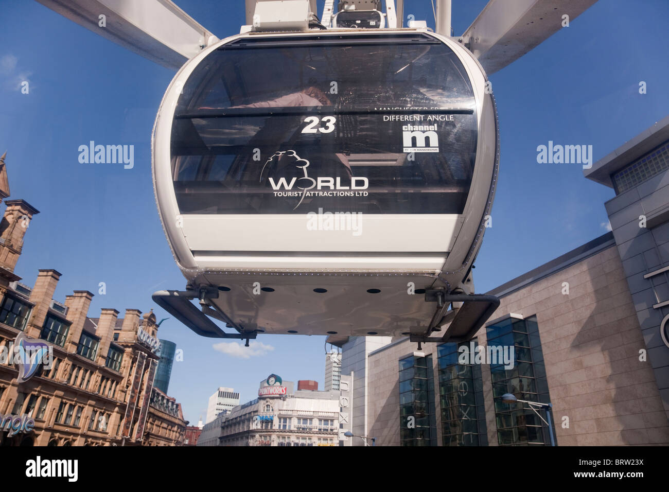 Vista dalla capsula della ruota di Manchester. Corporation Street, Manchester, Inghilterra, Regno Unito, Gran Bretagna Foto Stock