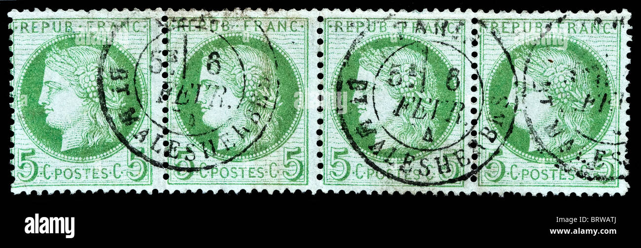 Striscia di scarse dei quattro utilizzati 1873 francese di 5 centesimi Cérès francobolli. Foto Stock
