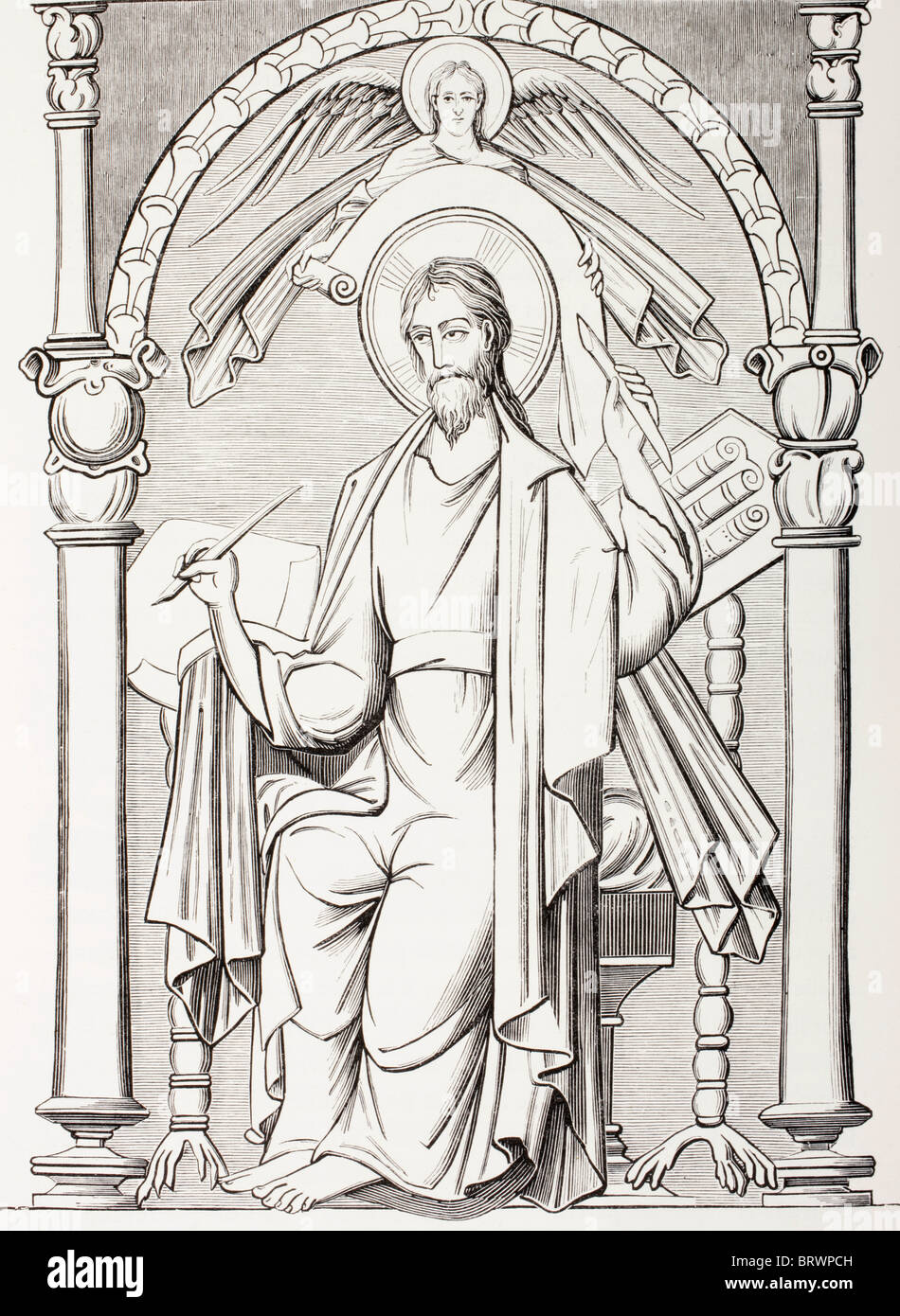 Un evangelista scrive un testo sacro e riceve una rivelazione. Dopo un nono secolo miniatura. Foto Stock