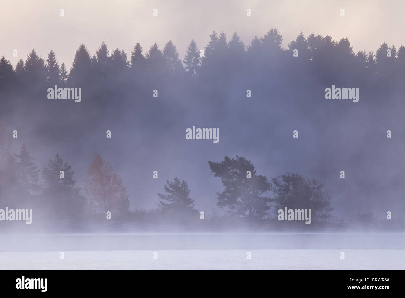 Early Morning mist dopo una gelida notte di ottobre nel lago Vansjø, Østfold, Norvegia. Vansjø è una parte dell'acqua sistema chiamato Morsavassdraget. Foto Stock