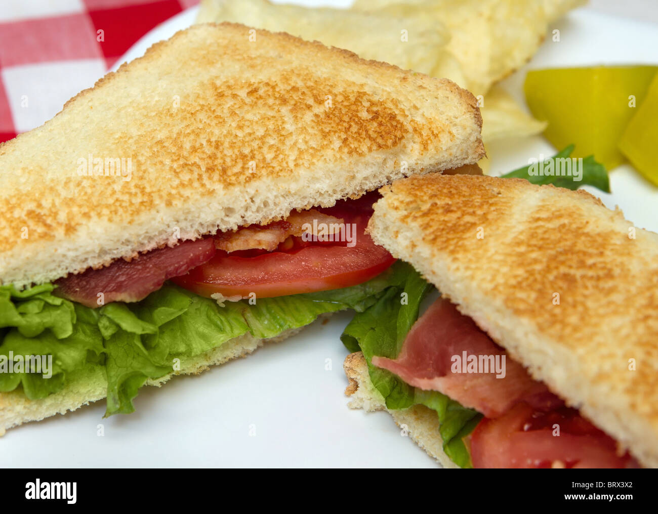 Primo piano della parte interna di un sandwich blt su una piastra bianca Foto Stock