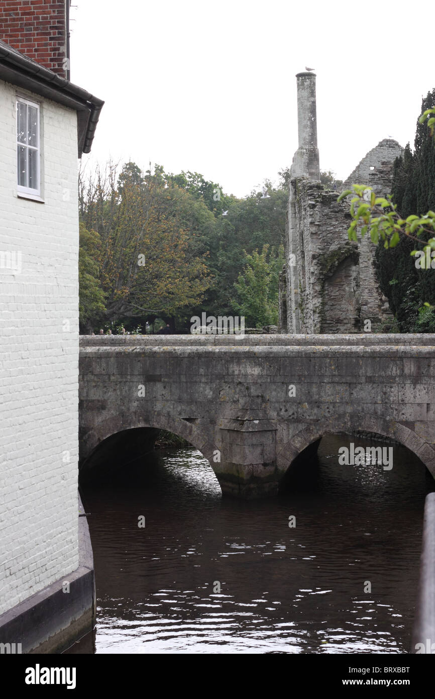 Un breve tratto del fiume Avon a Christchurch, Dorset, con Bridge Street e le rovine della casa di poliziotti dietro. Foto Stock