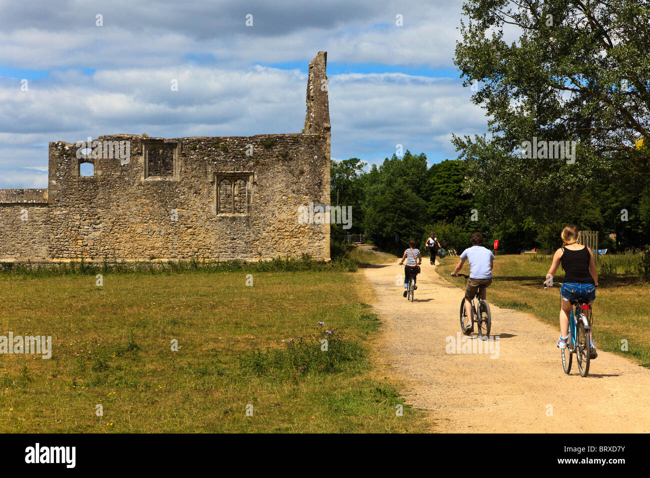 Gli studenti sul ciclo di biciclette lungo il Tamigi percorso in corrispondenza di Godstow, con l'abbazia in background, Wolvercote, Oxford, Oxfordshire, Regno Unito Foto Stock