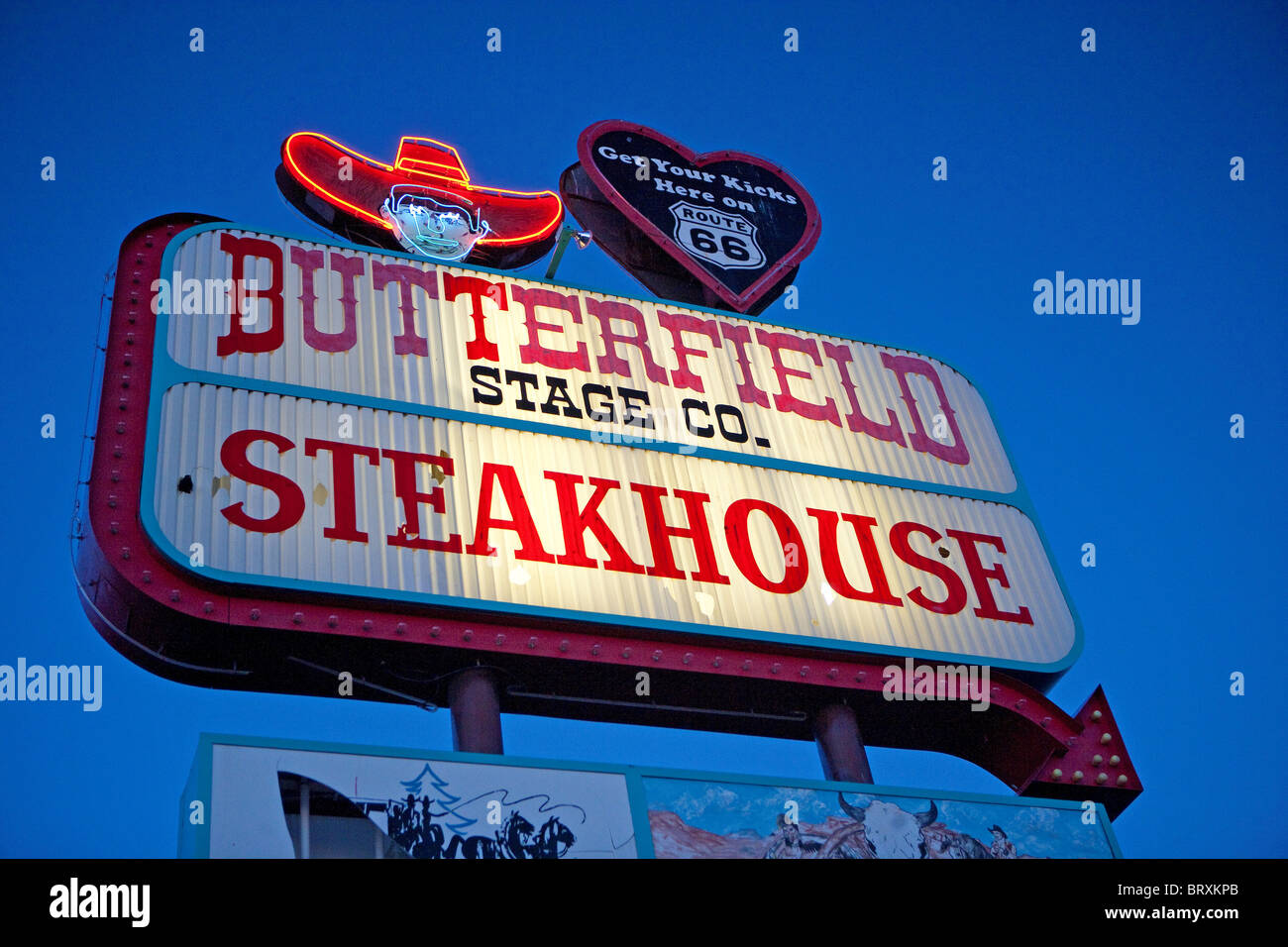 Butterfield Steakhouse. Insegna al neon. Ristorante. Route 66, Pagina, Arizona, Stati Uniti d'America Foto Stock
