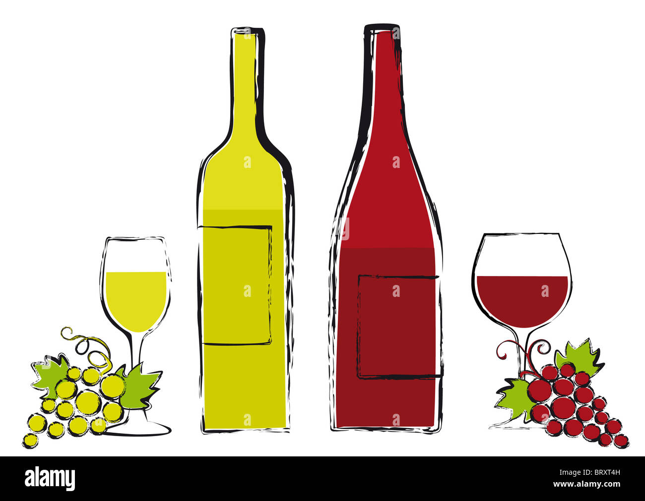 Le bottiglie di vino con gli occhiali e uva Foto Stock