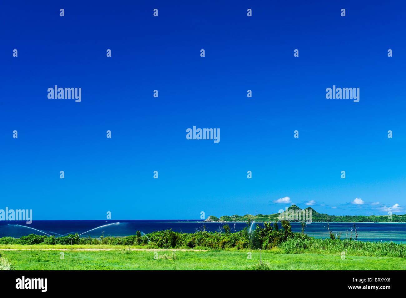 Impianti sprinkler e mare, Prefettura di Okinawa, in Giappone Foto Stock