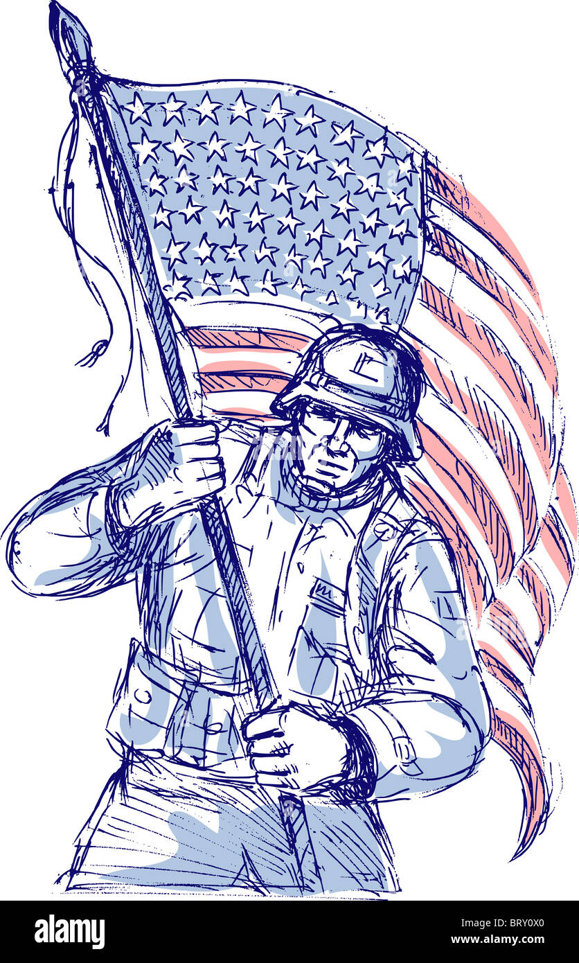 Mano bozzetto di un soldato americano in piena battaglia marcia portando a stelle e strisce bandiera isolati su sfondo bianco Foto Stock