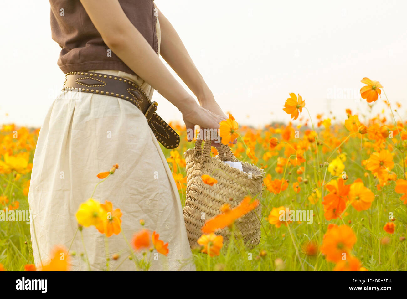 Giovane donna in piedi nel campo dei fiori Foto Stock
