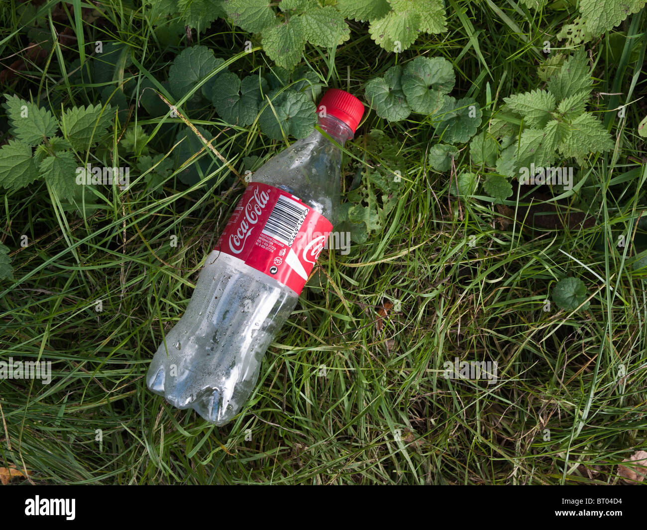 Plastica Coca Cola bottiglia scartato sulla strada di erba orlo Foto Stock