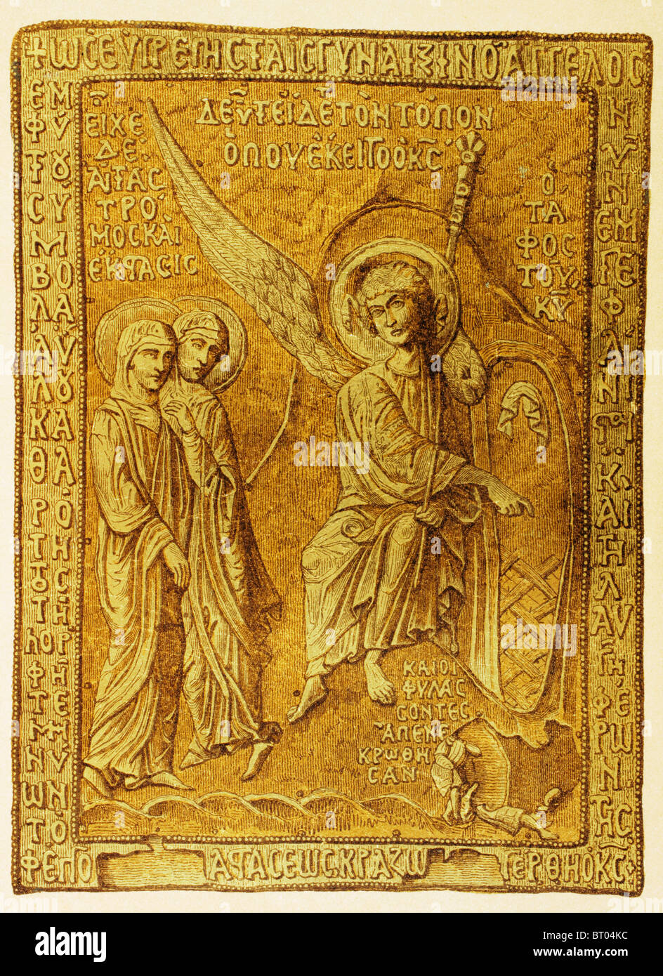 Di fronte alla tomba vuota, un angelo dice a Maria di Magdala e l'altra donna che Gesù Cristo è risorto dai morti. Foto Stock