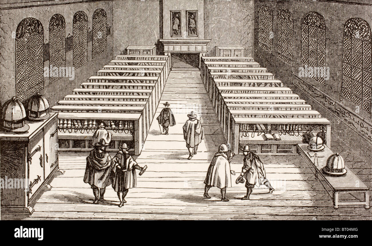 Biblioteca dell'Università di Leiden nel XVII secolo, che mostra incatenati libri. Foto Stock