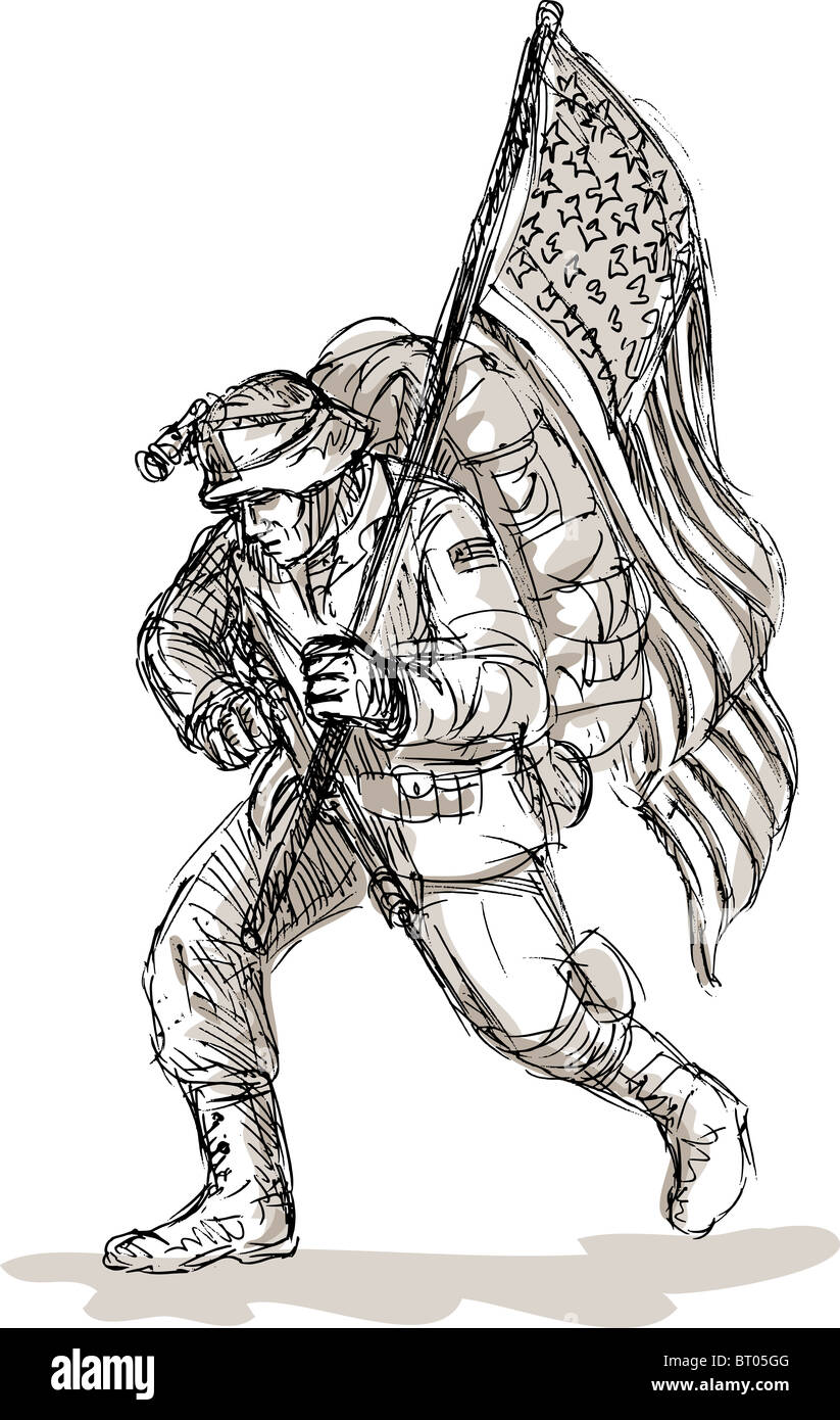 Mano bozzetto di uno sconsolato soldato americano in piena battaglia marcia bandiera portante isolati su sfondo bianco Foto Stock