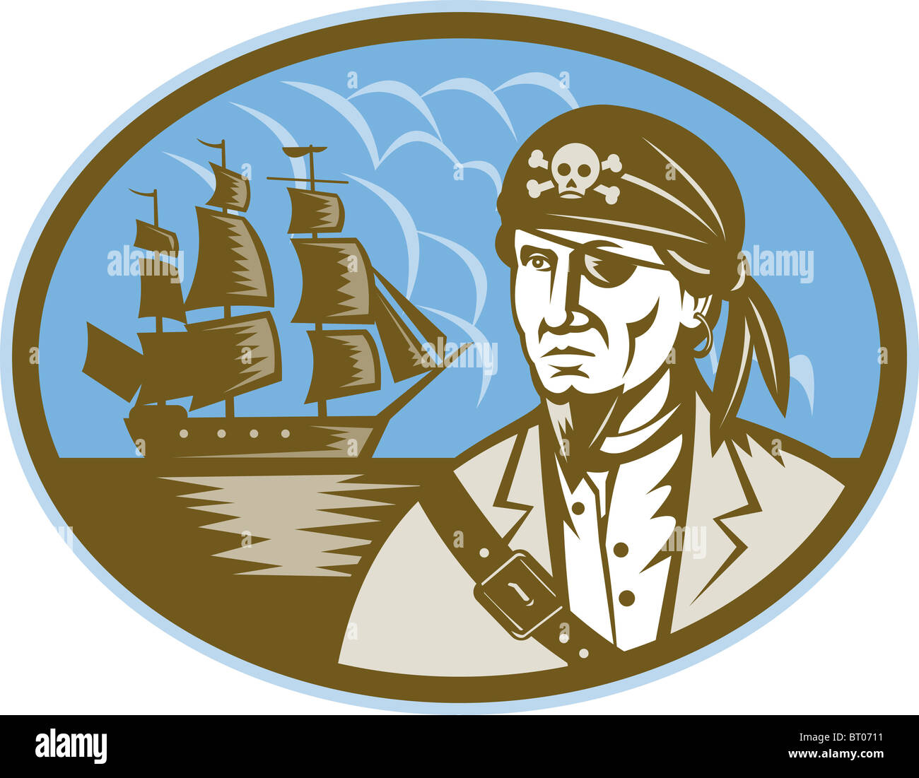 Illustrazione di un Pirata con la vela tall ship in fatto di sfondo in xilografia style Foto Stock