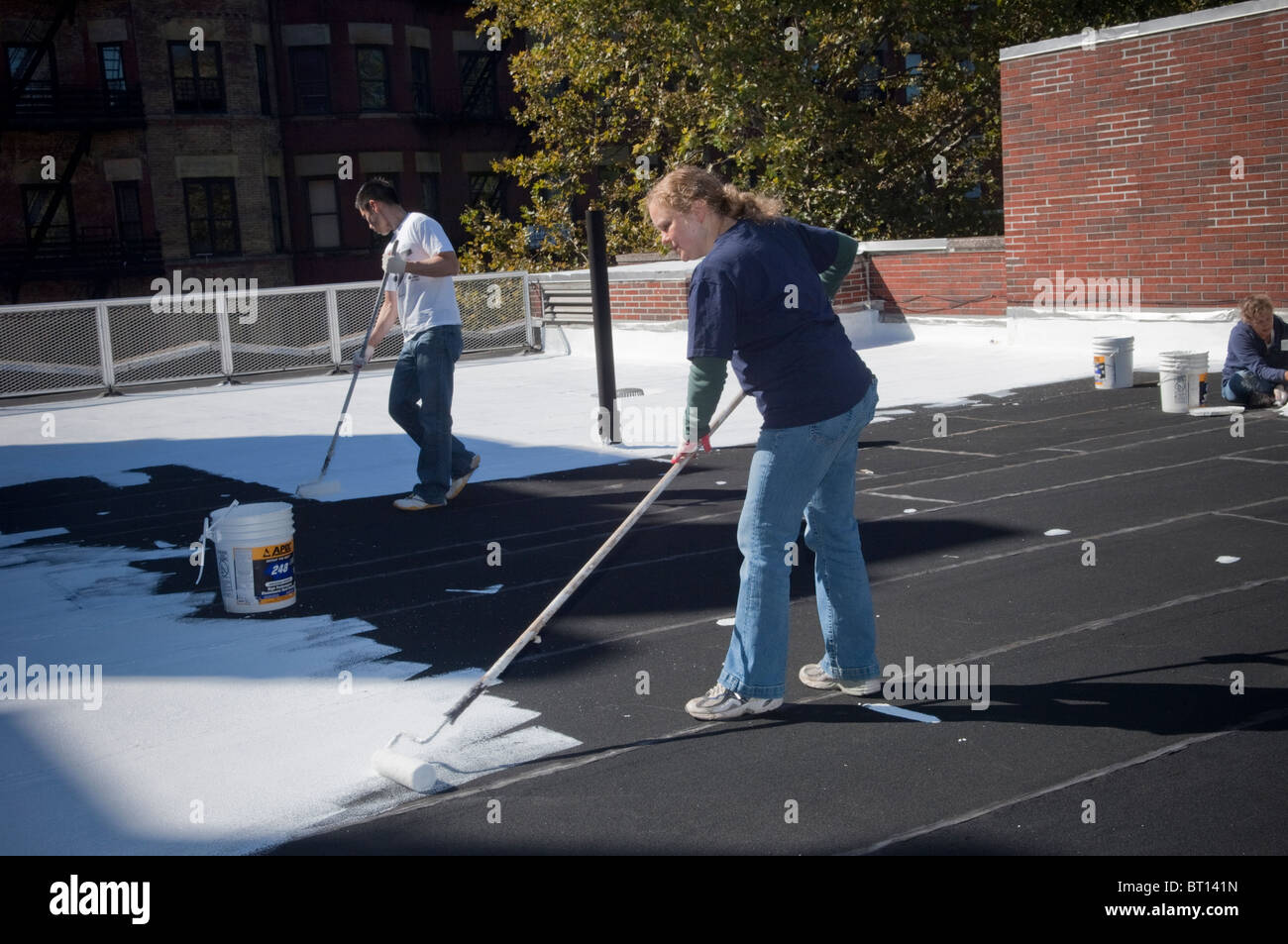 Volontari dipingere una scuola coolroof in Harlem in New York Foto Stock