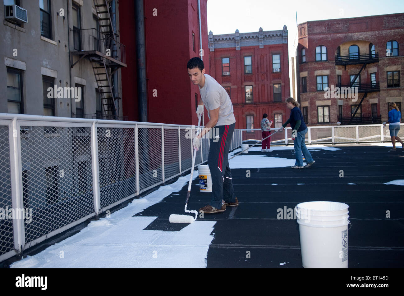 Volontari dipingere una scuola coolroof in Harlem in New York Foto Stock