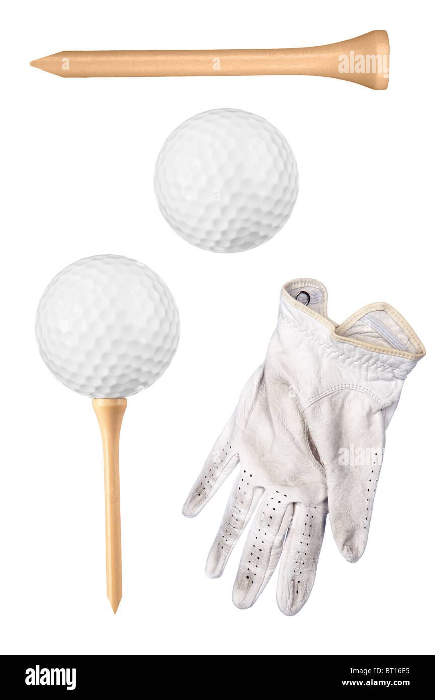 Articoli da golf comprendente la sfera a t e guanto isolato su bianco. Foto Stock