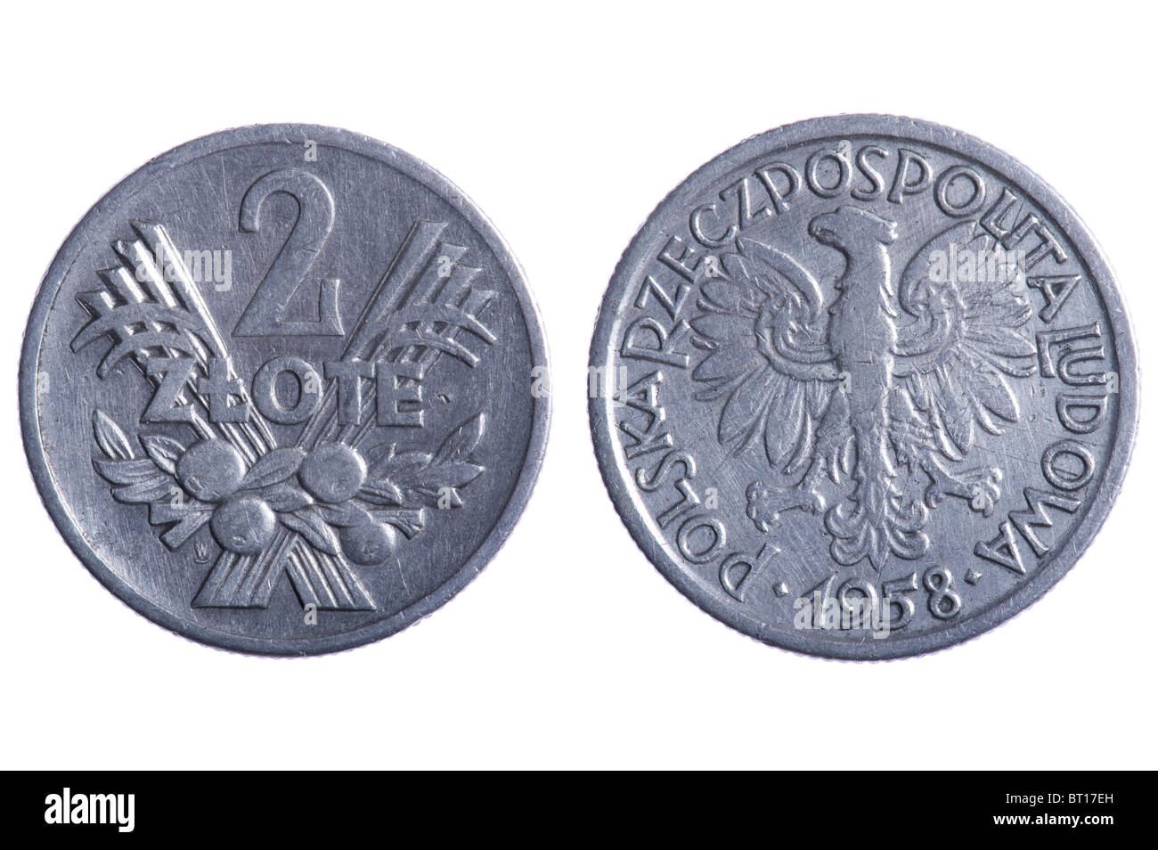 Oggetto su bianco - Polska monete close up Foto Stock