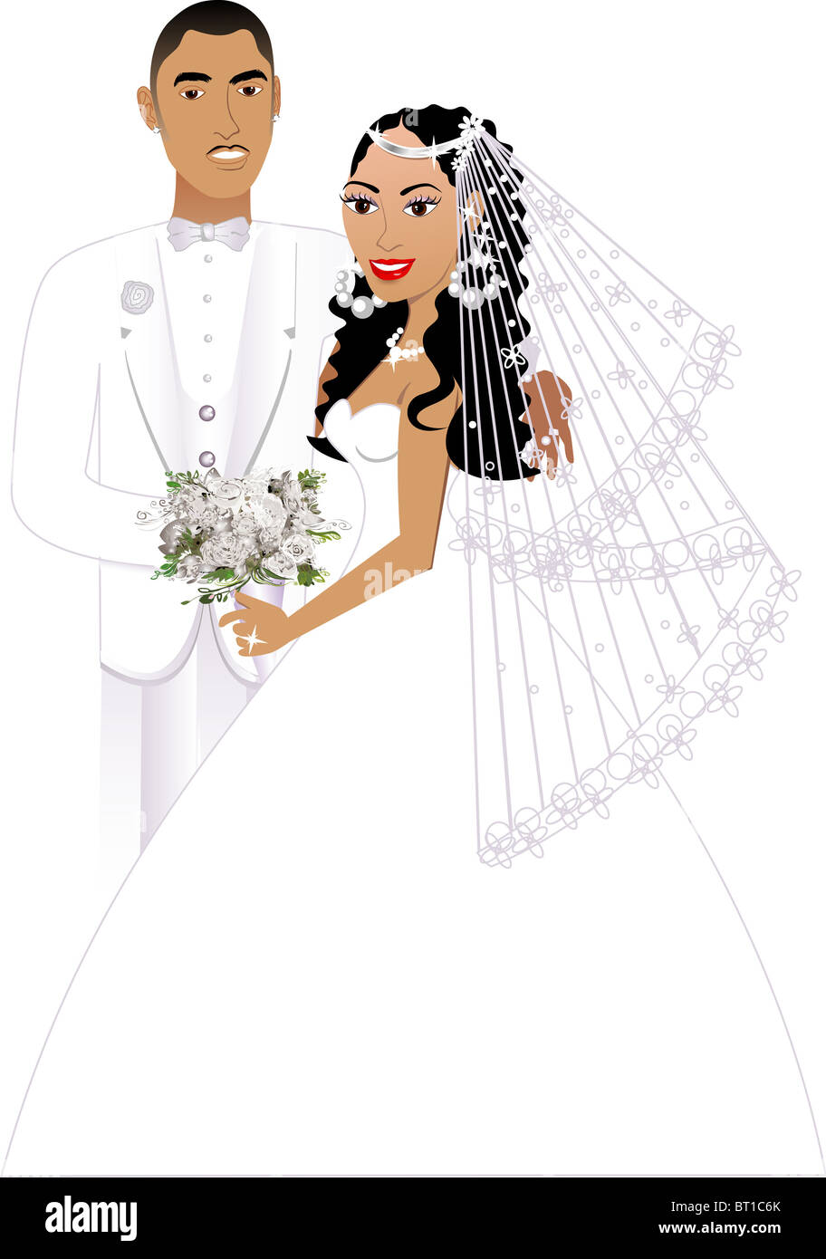 Illustrazione Vettoriale. Una bella sposa e lo sposo il giorno delle nozze. Sposi 5. Foto Stock