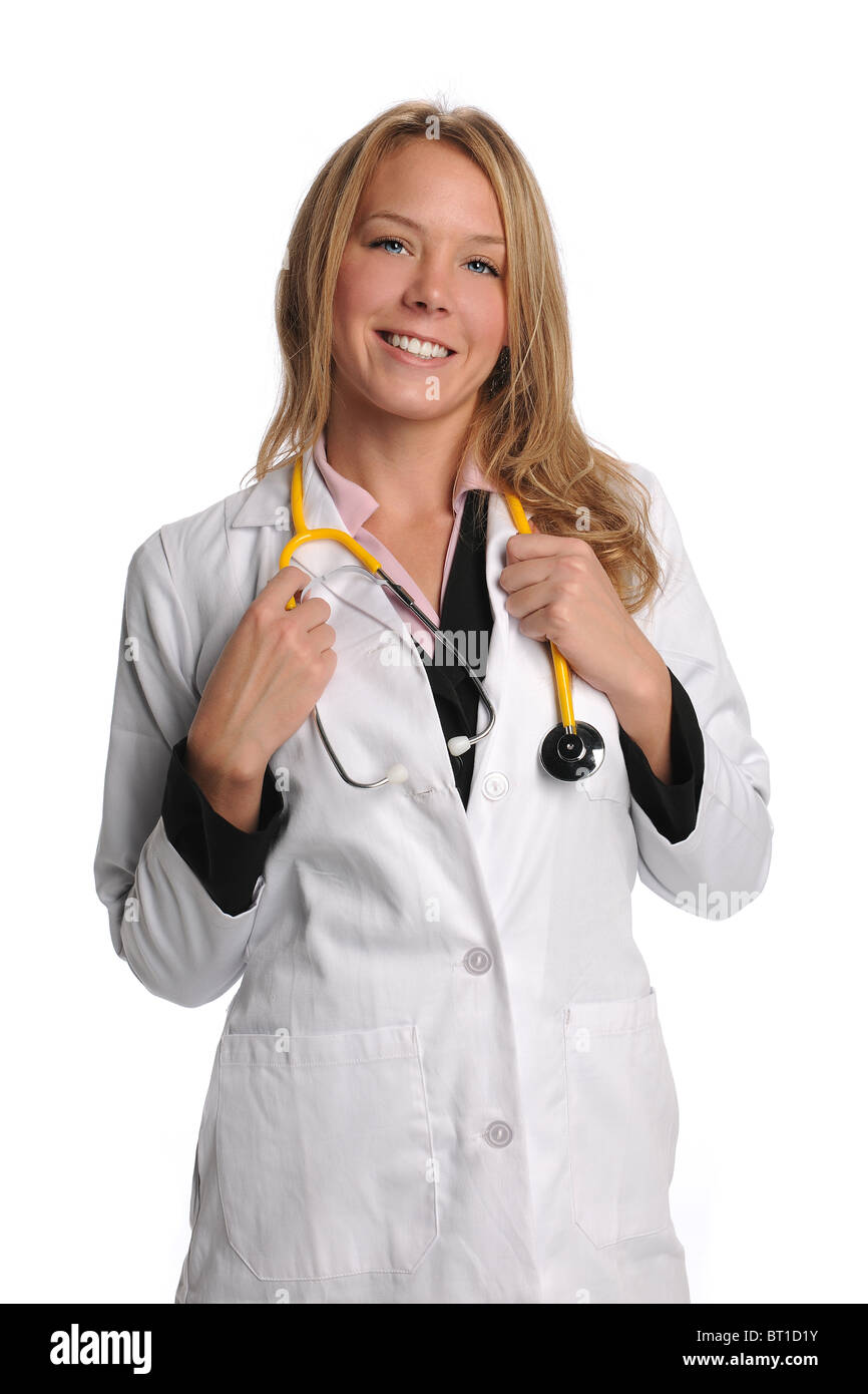 Medico donna sorridente isolate su sfondo bianco Foto Stock