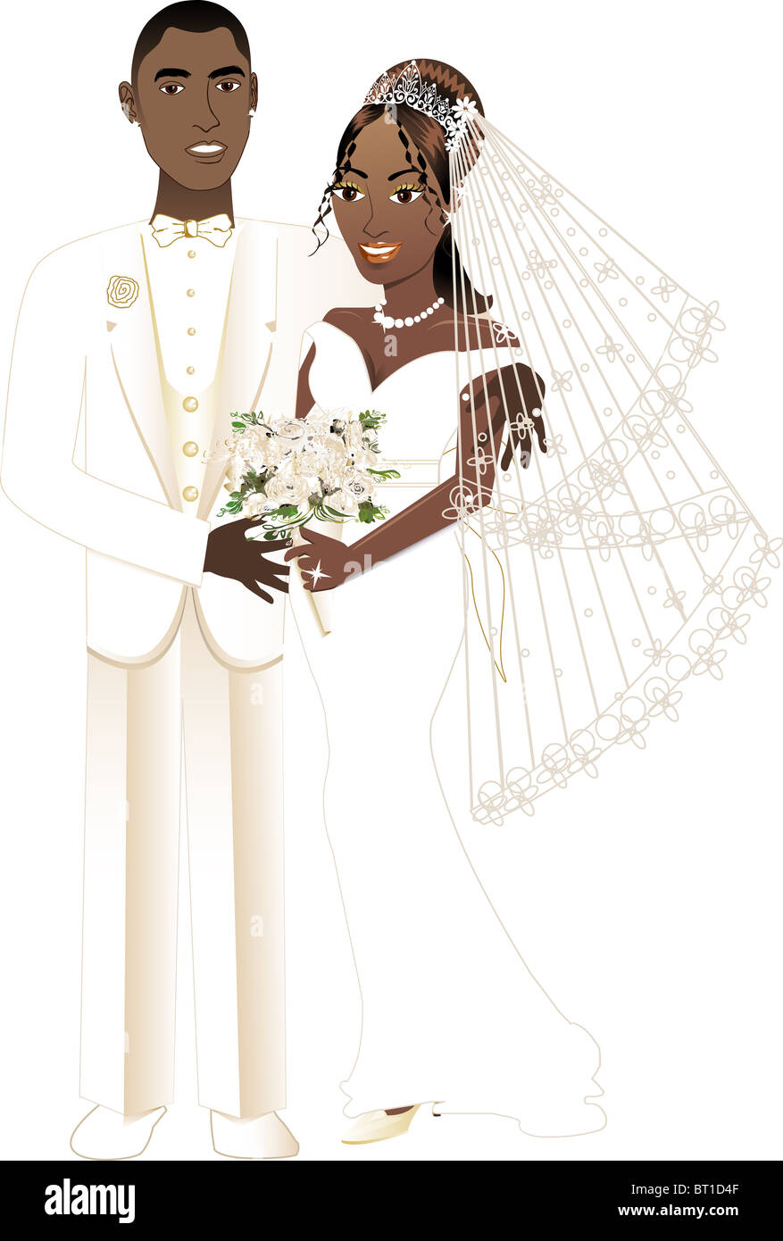 Illustrazione Vettoriale. Una bella sposa e lo sposo il giorno delle nozze. African American coppie in viaggio di nozze. Foto Stock