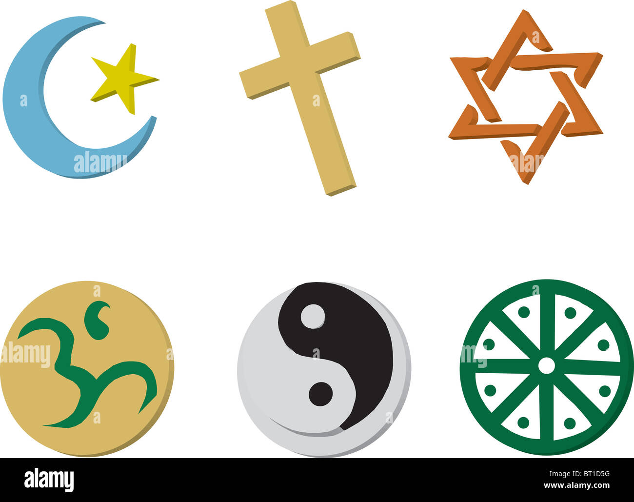 Illustrazione vettoriale di 6 icone religiose in 3D di stile. Foto Stock