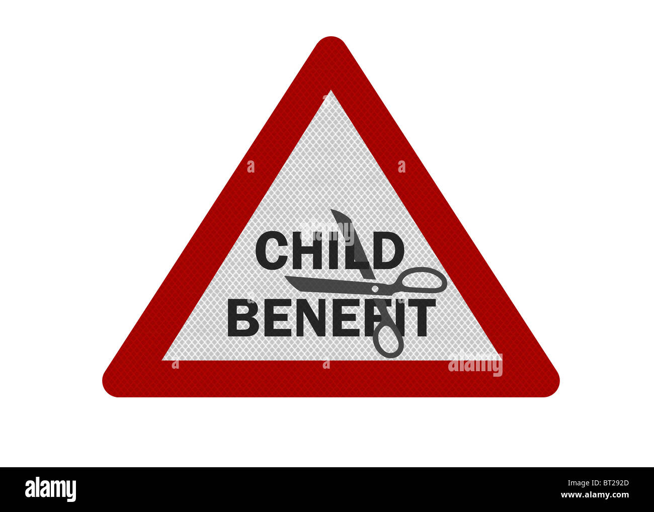 'Bambini beneficio tagli" rappresentato da un foto-realistico 'avviso' segno, isolato su bianco puro Foto Stock
