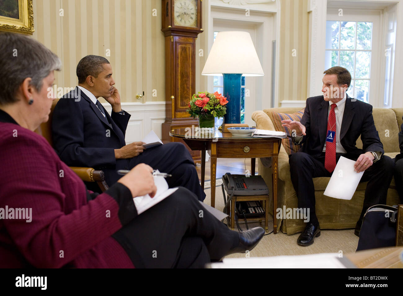 Il presidente Obama incontra Homeland Security Segretario Janet Napolitano e amministratore di TSA John S. Pistole Foto Stock