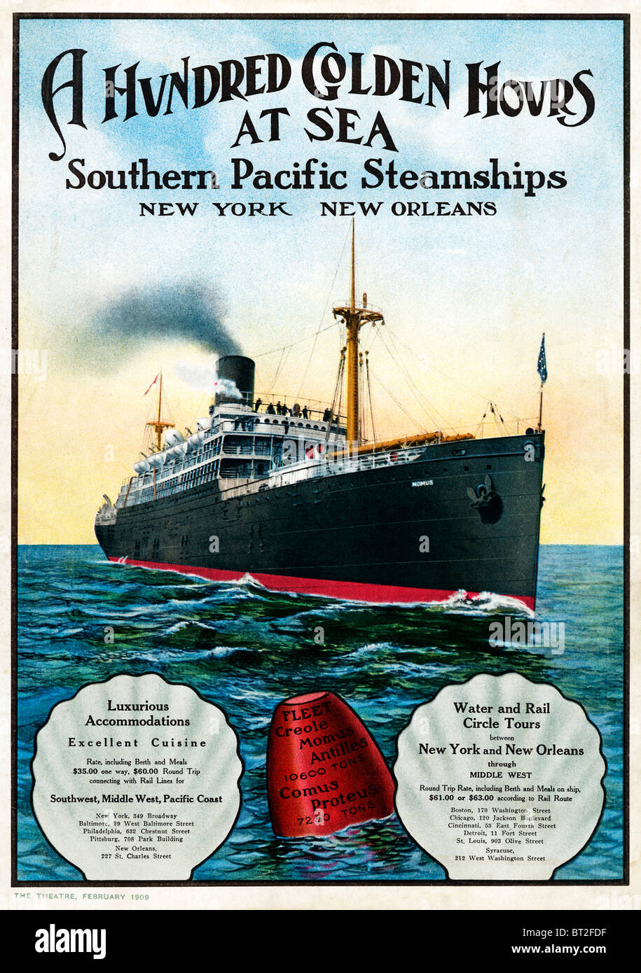 Oceano Pacifico meridionale piroscafi, 1909 annuncio per la società di trasporto di linea che servono la costa orientale degli Stati Uniti, qui con la Momus Foto Stock