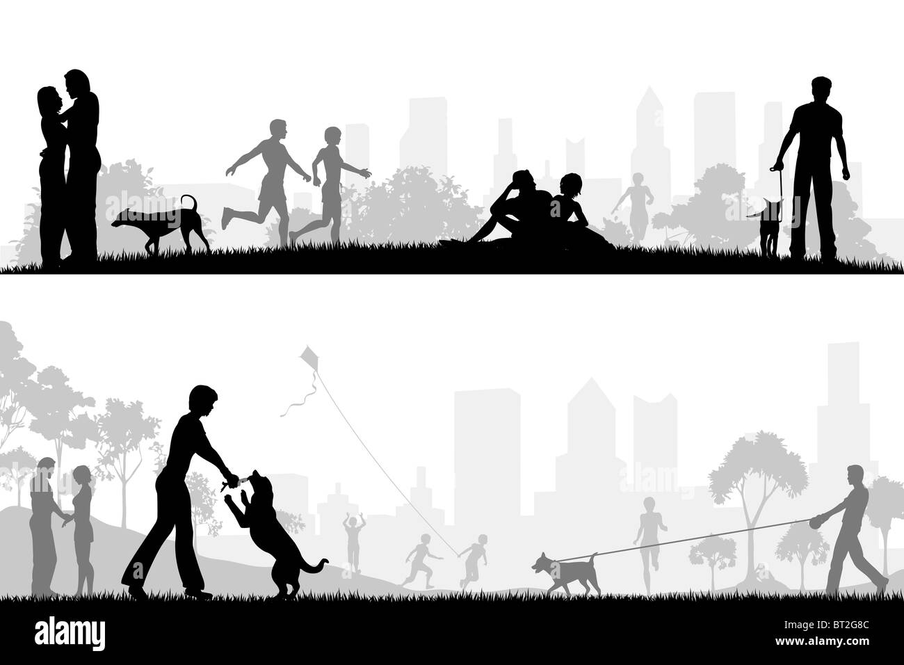 Due disegni illustrati di persone nei parchi della città Foto Stock