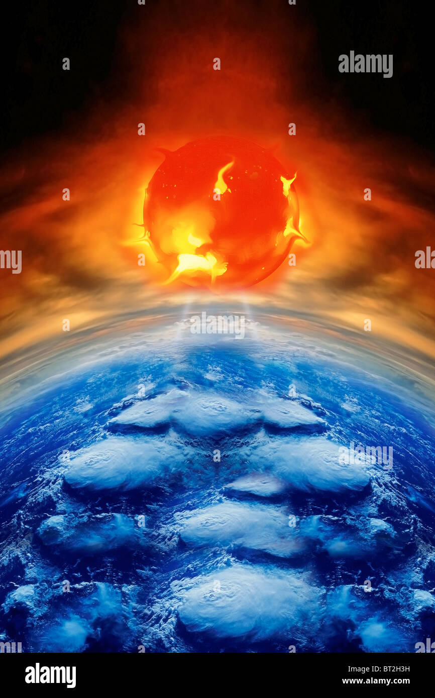 Eruzioni solari nello spazio con la parte superiore del pianeta terra Foto Stock