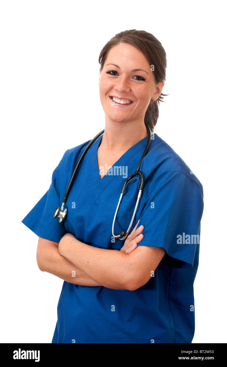 Infermiera femmina con uno stetoscopio isolati su sfondo bianco. Foto Stock