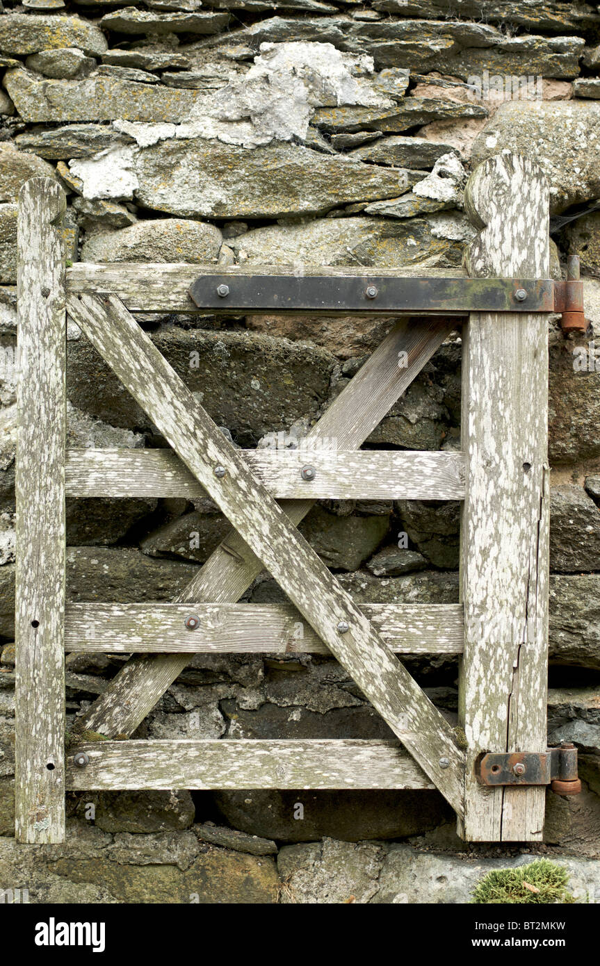 In legno antico cancello chiuso contro il muro di pietra Foto Stock