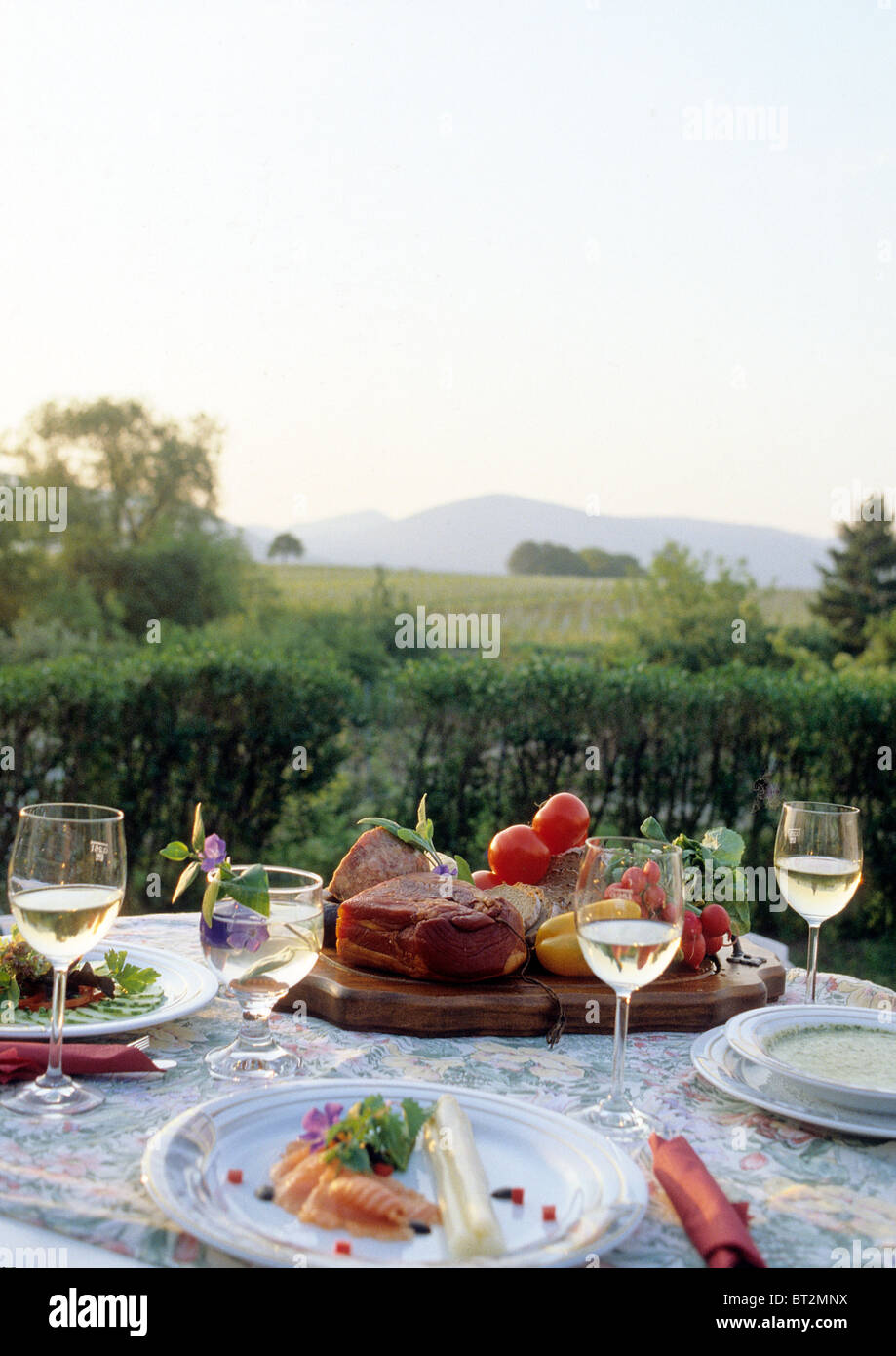 Ben tavola apparecchiata con bicchieri di vino bianco e le piastre con i  prodotti alimentari Foto stock - Alamy