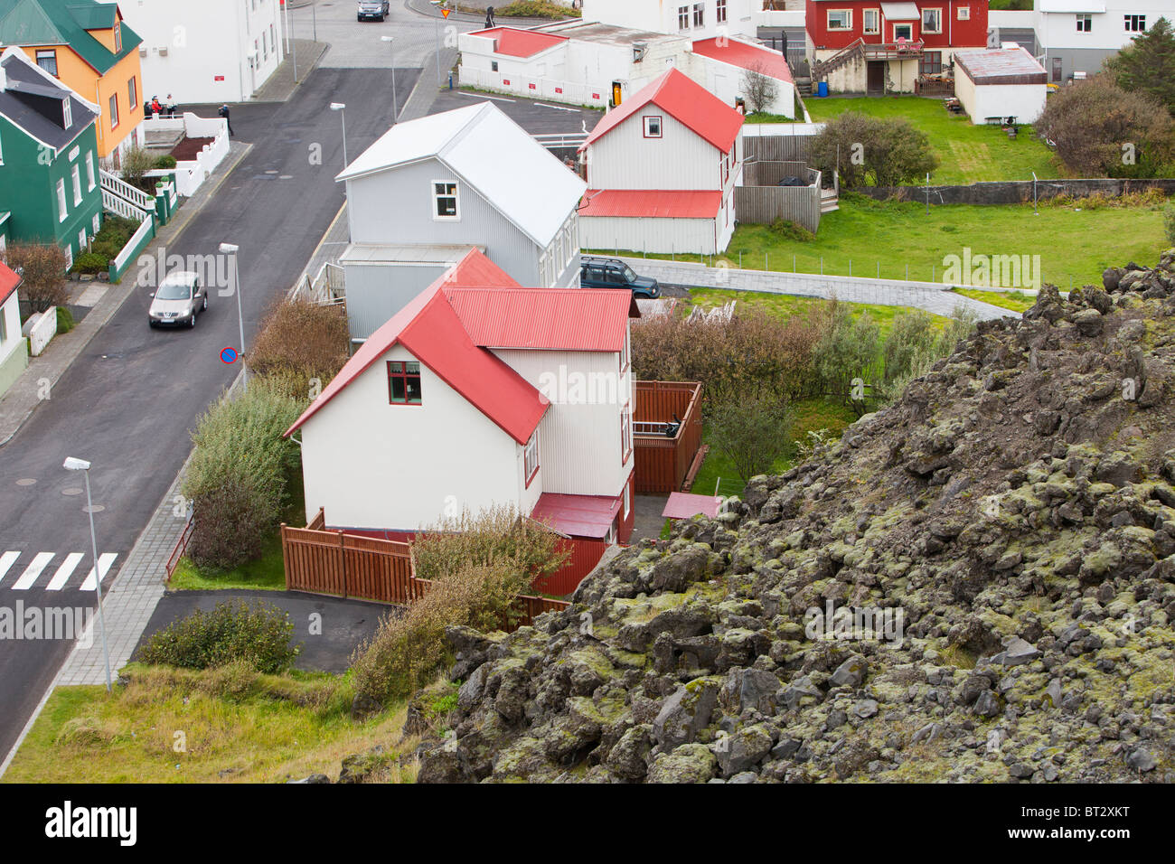 Di origine vulcanica del flusso di lava nella città di Heimaey che quasi distrusse la città, Isole Westman, Islanda. Foto Stock