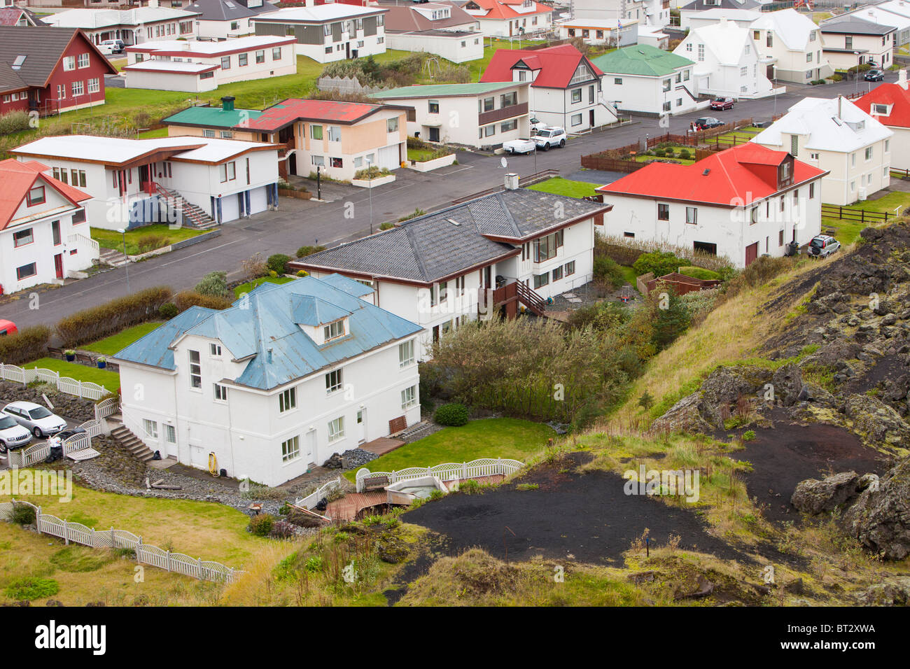 Di origine vulcanica del flusso di lava nella città di Heimaey che quasi distrusse la città, Isole Westman, Islanda. Foto Stock