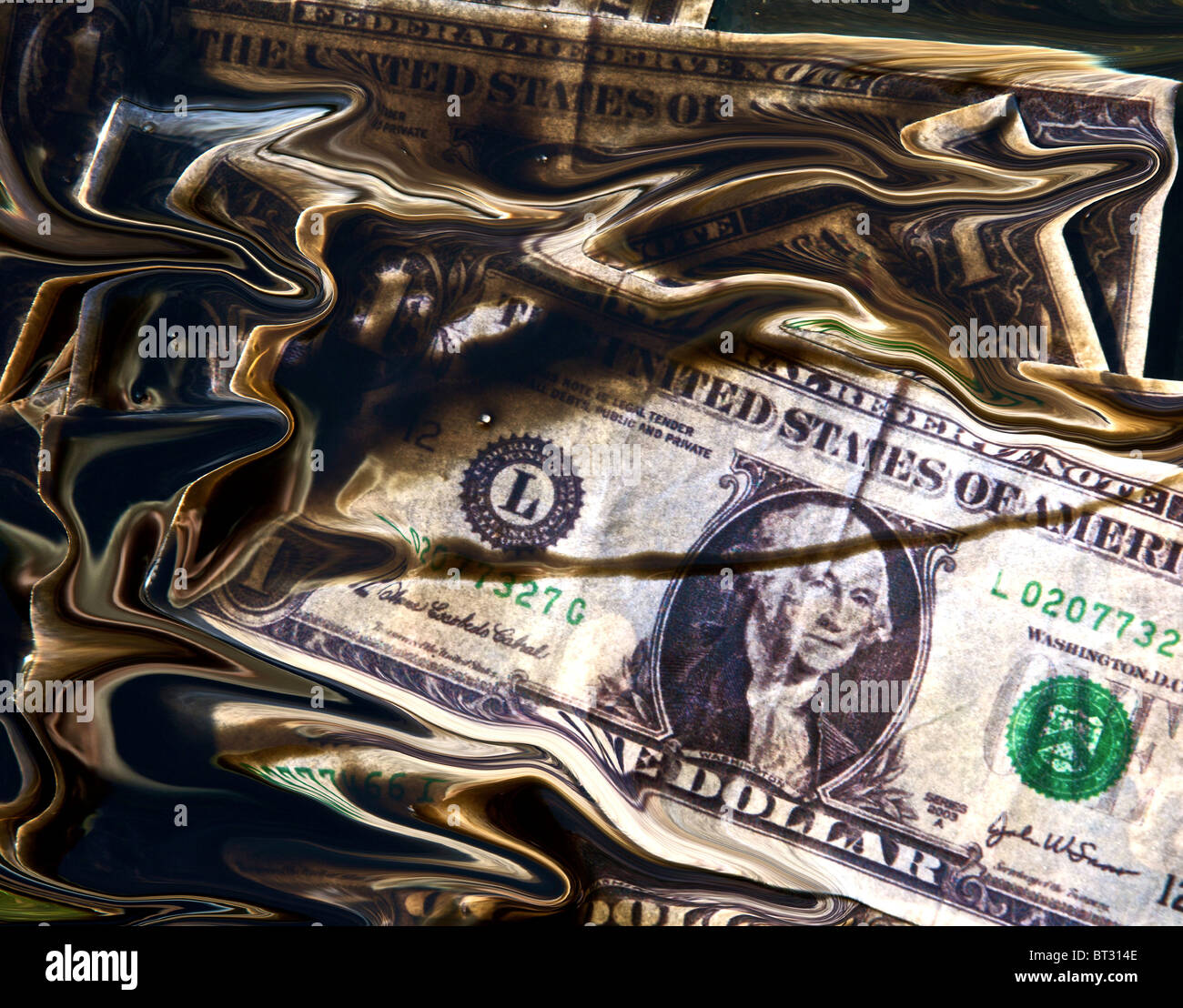 Il denaro sporco olio di dollari - le fatture del dollaro nel petrolio greggio Foto Stock