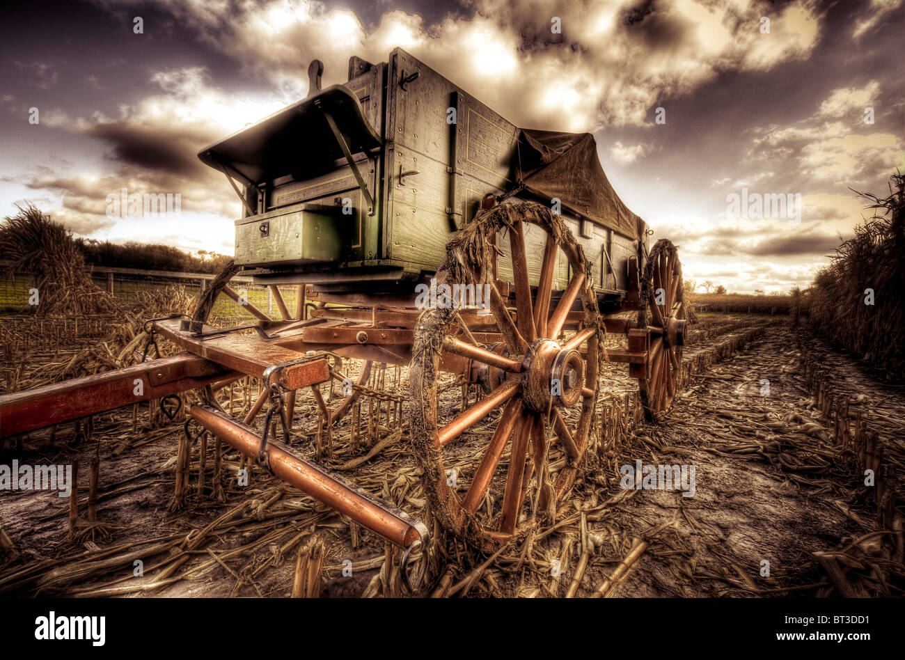 1890 Attrezzature agricole in esterno e in campo con il Cielo di estate Foto Stock